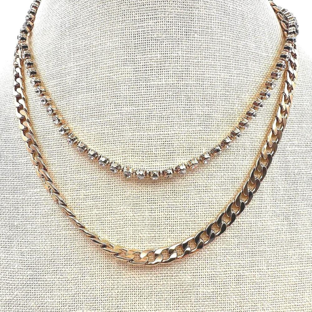 Vintage 80s Chunky Curb & Rhinestone Tennis Chain Layered Necklace Retro Jewelry